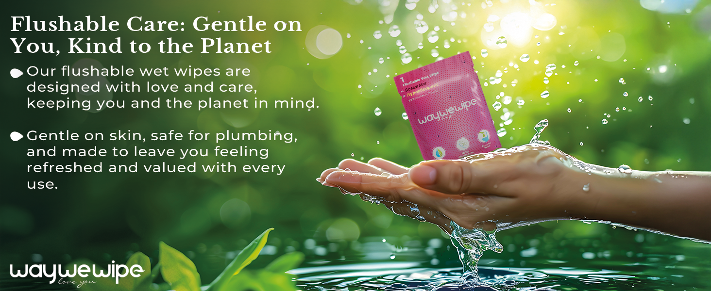 Waywewipe On-The-Go Flushable Feminine Wet Wipes, 32 Count XL Individually Wrapped Female Wipes, Hypoallergenic 100% Plant Based Septic Safe, Travel Size Adult Cleansing Cloth for Women, Rosewater