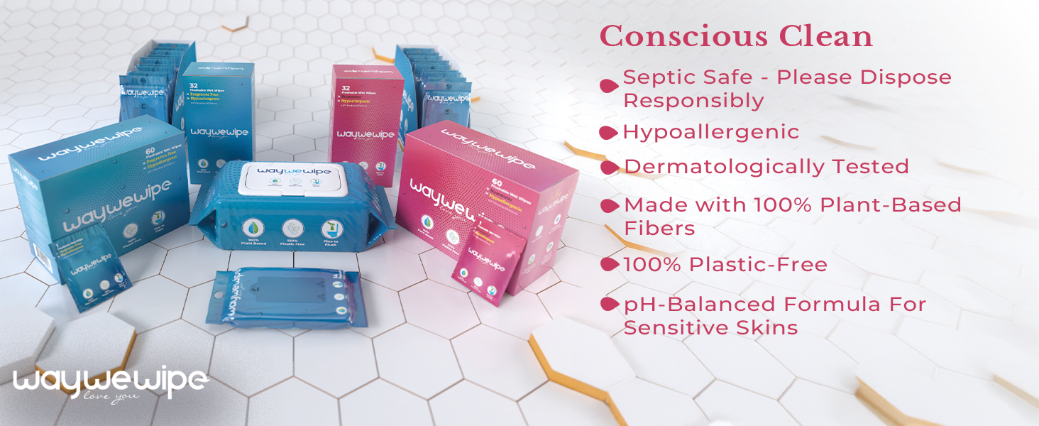 Waywewipe On-The-Go Flushable Feminine Wet Wipes, 32 Count XL Individually Wrapped Female Wipes, Hypoallergenic 100% Plant Based Septic Safe, Travel Size Adult Cleansing Cloth for Women, Rosewater